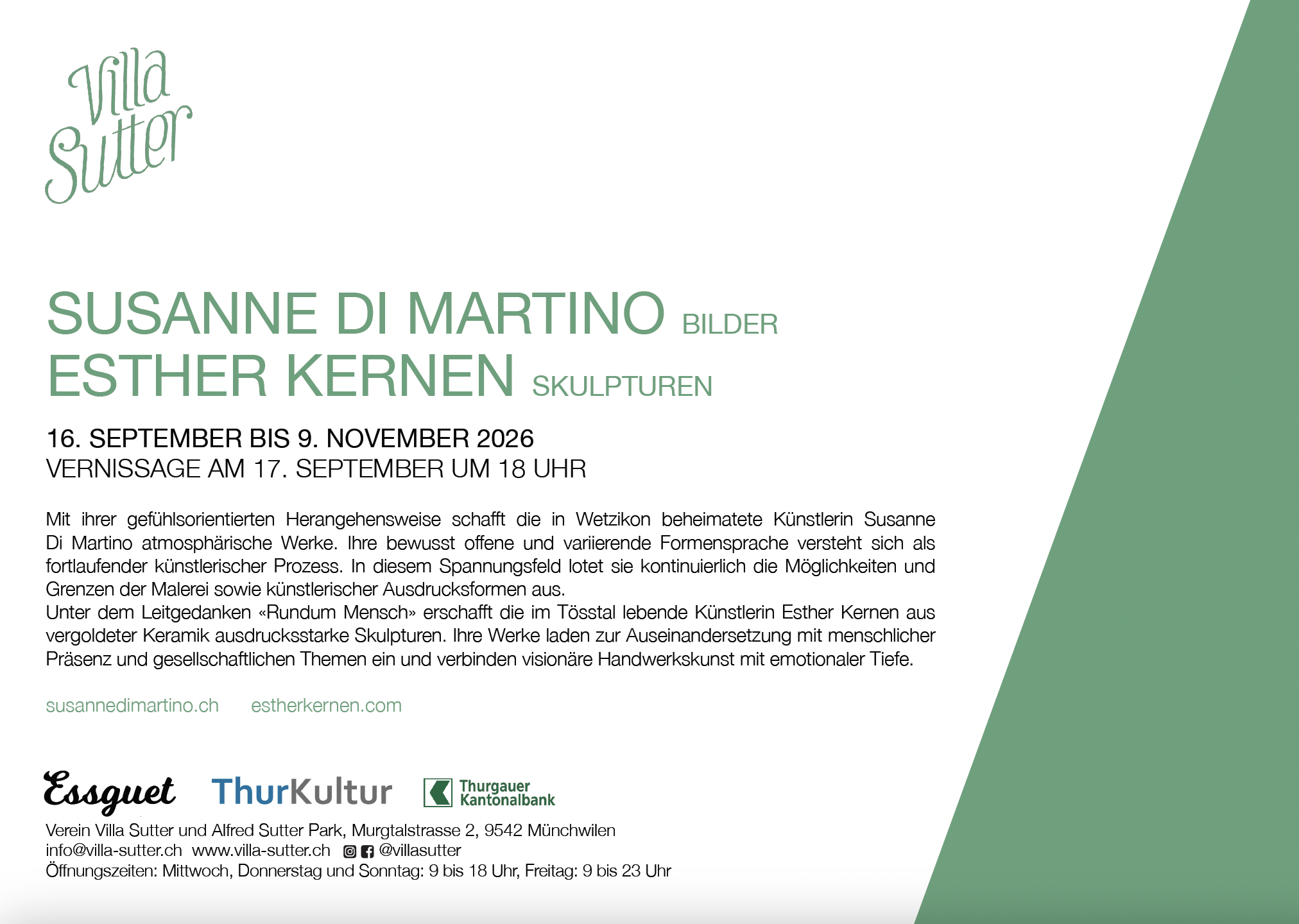Plakat Kunstausstellung Susanne Di Martino und Esther Kernen in der Villa Sutter
